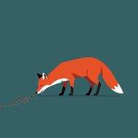 Fox sniffing red ants on dark teal background in minimalist animal illustration style vector