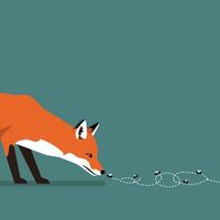 Red fox sniffing curious flies on teal background minimal art illustration vector