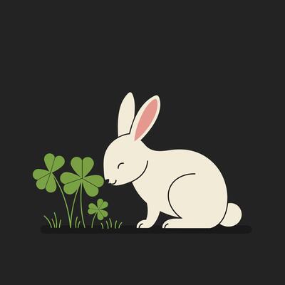 White rabbit sitting near green clover plants on dark background in cute minimalist style