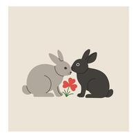 Two rabbits facing each other with red flower on neutral background simple animal illustration vector