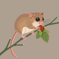Small brown mouse holding nut on green branch with leaves against plain background digital illustration vector