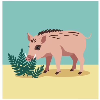 Wild boar standing near green fern leaves on sandy ground with blue background digital illustration