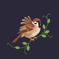 Sparrow perched on leafy branch illustration with brown and beige feathers natural design vector