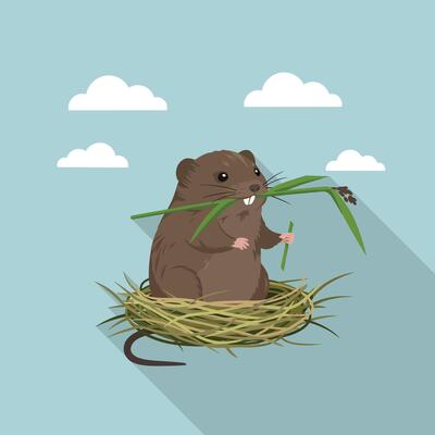 Brown hamster sitting in a nest with grass blades in mouth against blue sky with clouds flat illustration