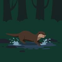 Otter playing in dark forest stream water splashing with trees in background natural wildlife scene vector