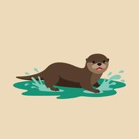 Brown otter splashing in water with playful gesture on beige background in simple flat style illustration vector