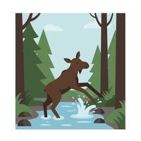 Moose jumping through river water in forest surrounded by green pine trees during daytime natural wildlife scene vector