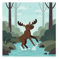Brown moose splashing in stream surrounded by green forest trees and bushes in peaceful nature scene vector