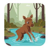 Baby moose playing in forest stream with green trees and autumn leaves in nature scene vector
