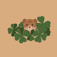 Small brown hamster peeking through green clover leaves on beige background in square format illustration vector