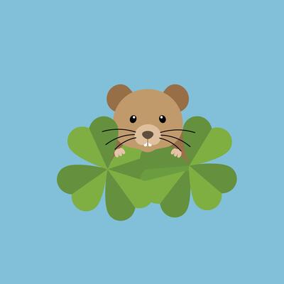 Cute cartoon mouse peeking through green clover leaves on blue background in simple flat design