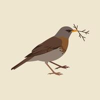 Brown and gray bird holding twig in beak simple flat illustration on beige background nature wildlife scene vector