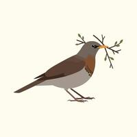 Small brown bird holding twig with green leaves in beak on light background natural element illustration vector