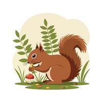 Squirrel eating nut in natural setting with green plants and red mushroom illustration vector