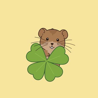 Cartoon mouse holding green clover leaves on pale yellow background simple design illustration