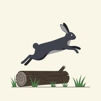 Black rabbit leaping over wooden log with green grass on light background in minimal style vector