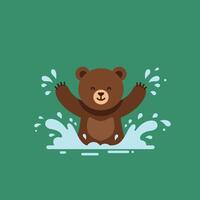 Brown bear splashing water happily in playful mood on green background illustration vector