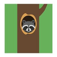 Raccoon peeking from hollow tree trunk with green forest background in square format vector