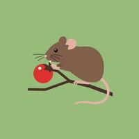 Brown mouse perched on branch eating red berry with green background in simple flat style illustration vector