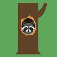 Raccoon peeking from tree hollow in green forest background simple flat design cartoon style vector