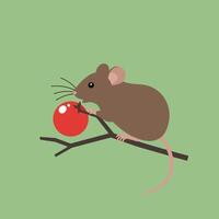Brown mouse sitting on twig holding red berry with green background in simple flat style illustration vector