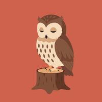 Owl perched on tree stump with closed eyes in simple flat design illustration on terracotta background vector