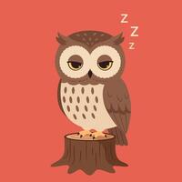 Cartoon owl with sleepy eyes perched on tree stump with orange background and zzz signs in style vector