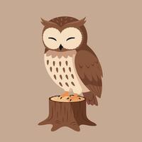 Brown owl perched on tree stump with closed eyes in minimalist style natural background vector