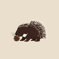 Porcupine holding pine cone minimalistic animal illustration on beige background in square format vector