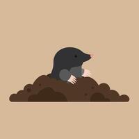 Mole emerging from soil mound in simple flat style against beige background with pink nose and dark fur vector