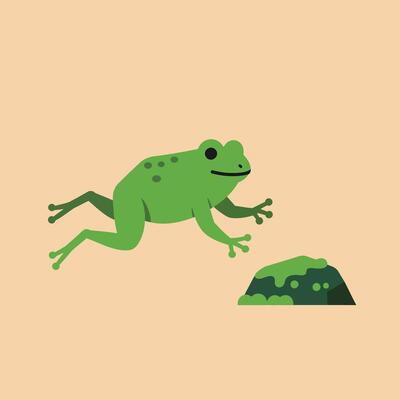Green frog jumping over mossy rock on beige background simple nature illustration