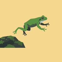 Green frog leaping from mossy rock with beige background in minimalistic style digital art vector