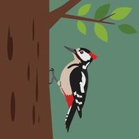 Woodpecker perched on tree trunk with green leaves in natural forest setting illustration vector