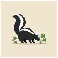 Black and white skunk with clover and small flowers on beige background in minimal style vector