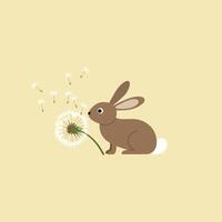 Brown rabbit interacting with dandelion seeds on pale yellow background in simple nature illustration vector