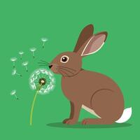 Brown rabbit sitting near dandelion blowing seeds on green background with natural wildlife scene vector
