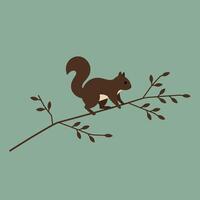 Squirrel perched on branch with green background minimalistic nature illustration in muted tones vector
