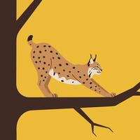 Eurasian lynx stretching on tree branch against yellow background in minimalist style digital art vector