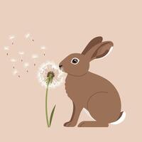 Brown rabbit blowing dandelion seeds in soft beige background spring illustration vector