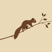 Brown squirrel perched on thin branch with simple leaves minimalist nature illustration in beige background vector