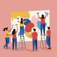 Group of diverse people painting colorful abstract mural together in collaborative community art project illustration vector