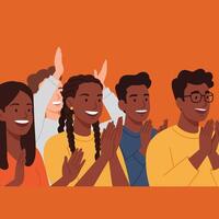 Group of diverse happy people clapping hands in orange background illustration vector