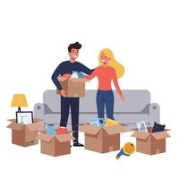 Young couple unpacking boxes together in living room with sofa and lamp during house move activity illustration vector