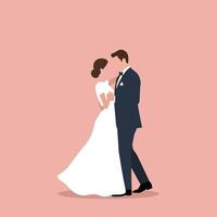 Bride and groom embracing in wedding dance illustration with elegant attire on soft pink background vector