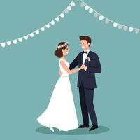 Bride and groom dancing at wedding celebration with string lights and floral headpiece in romantic style vector