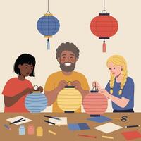 Diverse group making colorful paper lanterns together in creative workshop activity indoors vector