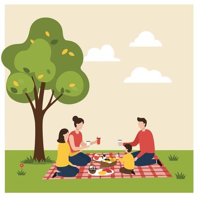 Family enjoying outdoor picnic on grass with tree and cloudy sky illustration