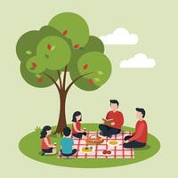 Family enjoying picnic under apple tree with green grass and clear sky in park natural setting vector