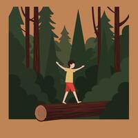 Boy balancing on log in dense forest with tall pine trees and green bushes illustration vector