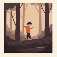 Child walking barefoot on fallen tree trunk in autumn forest with brown and beige colors illustration vector
